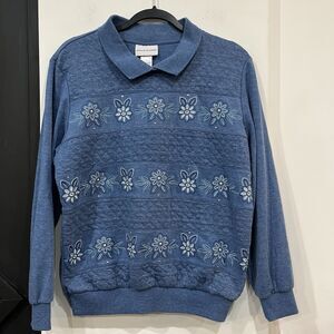 Alfred Dunner Floral Rhinestone Embroidered Collared Sweatshirt Cottage Large